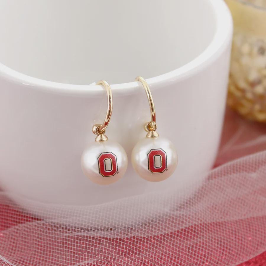 Ohio State Block O pearl huggie earrings with gold hoops on white background