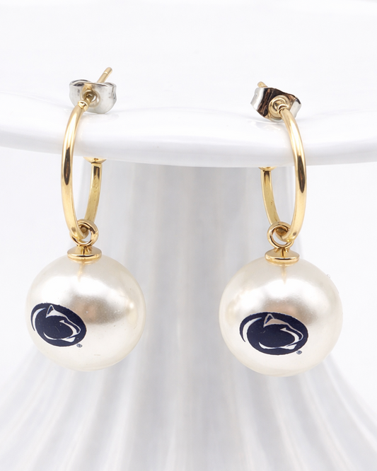 Penn State pearl hoop earrings with Nittany Lions logo – gold hoop game day jewelry