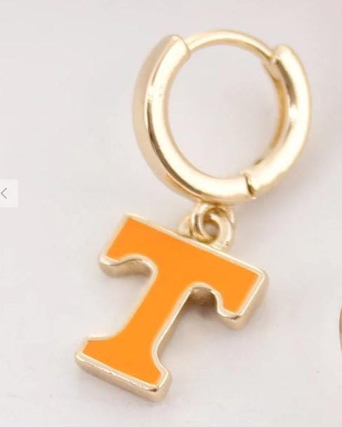 Gold huggie hoop earring with orange enamel Tennessee Power T charm