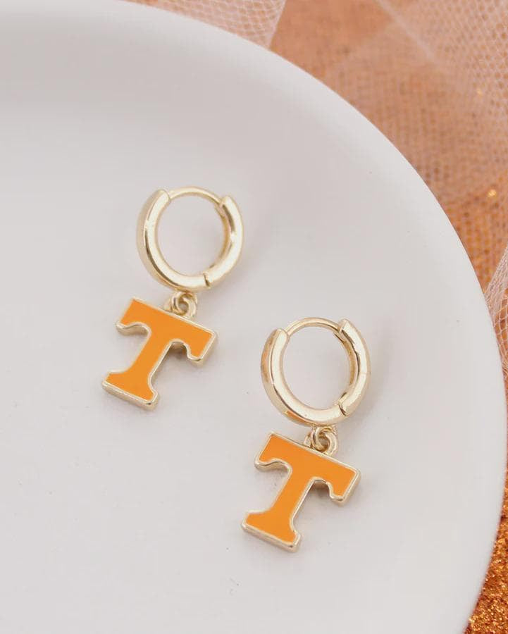 Gold Tennessee Volunteers Power T hoop earrings with orange enamel charms on white background.