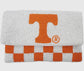 Beaded Tennessee Volunteers crossbody clutch purse with orange "T" logo and orange checkered pattern on white background