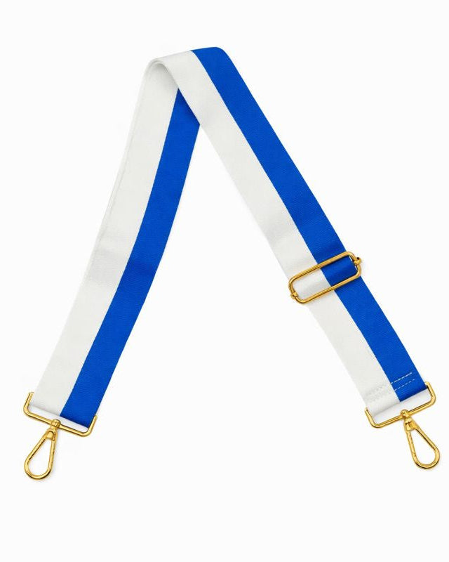 White and blue adjustable bag strap with gold hardware